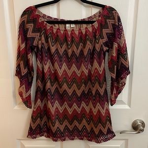 Tacera Crochet Chevron Lined Blouse with Flared Half Sleeves